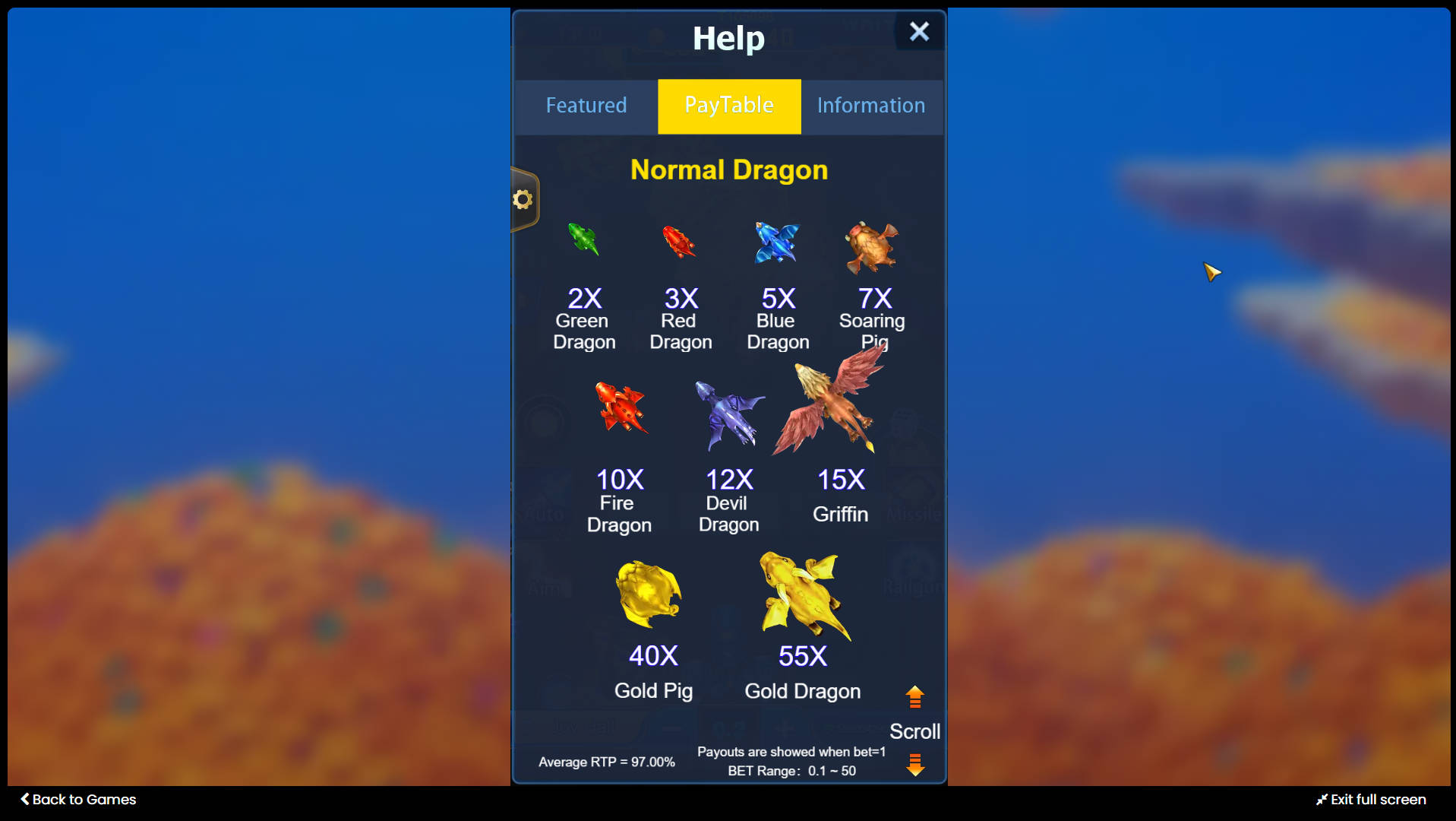 Dragon Fortune Fishing - Paytable - bigwin888m