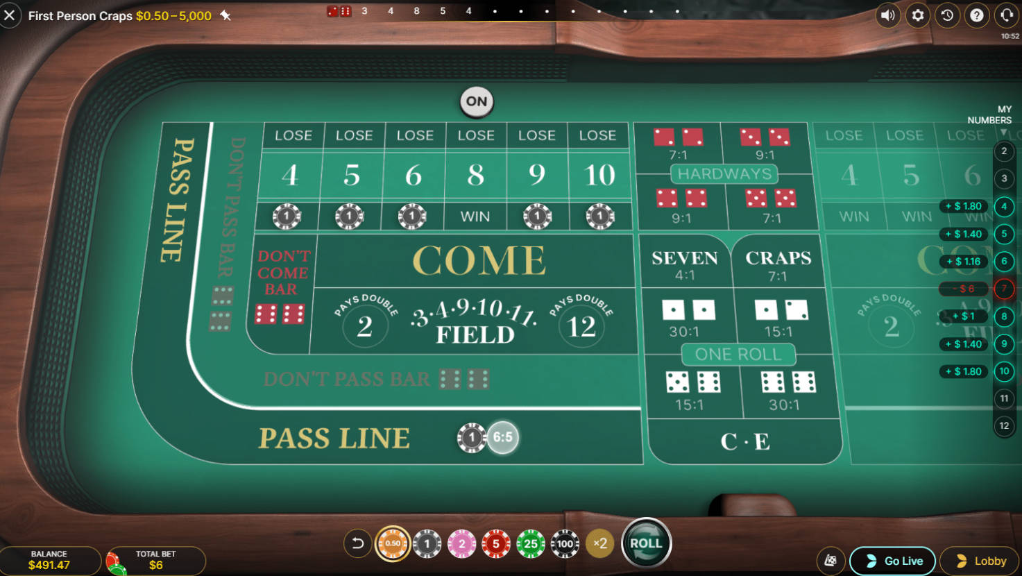 Craps - Interface - bigwin888