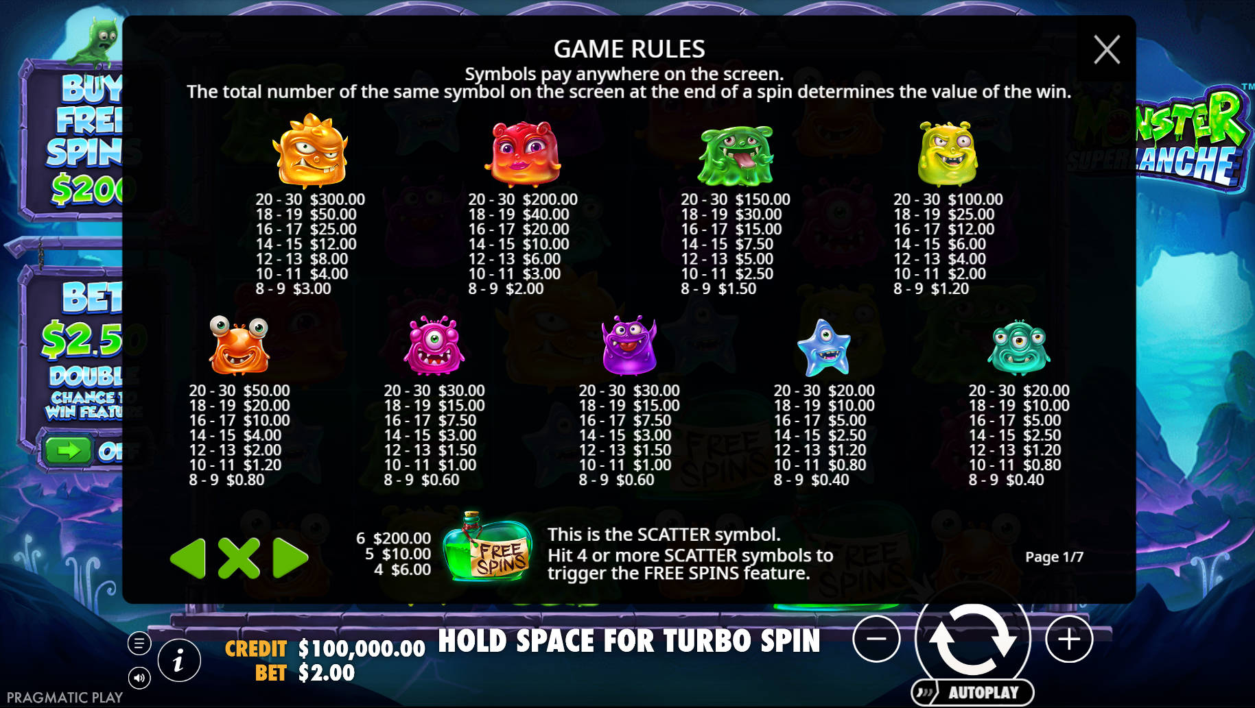 Monster Superlanche Slot - Game rules - bigwin888m